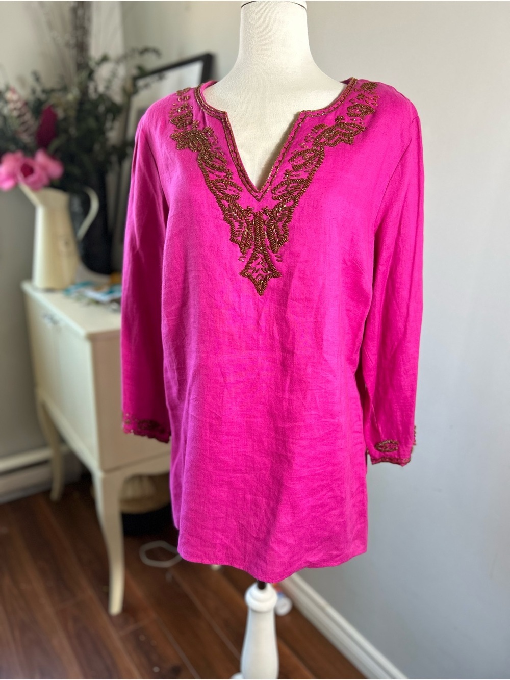 Nygard 100% Linen Beaded Tunic Top Pink Boho Coastal Lagenlook. Size 16